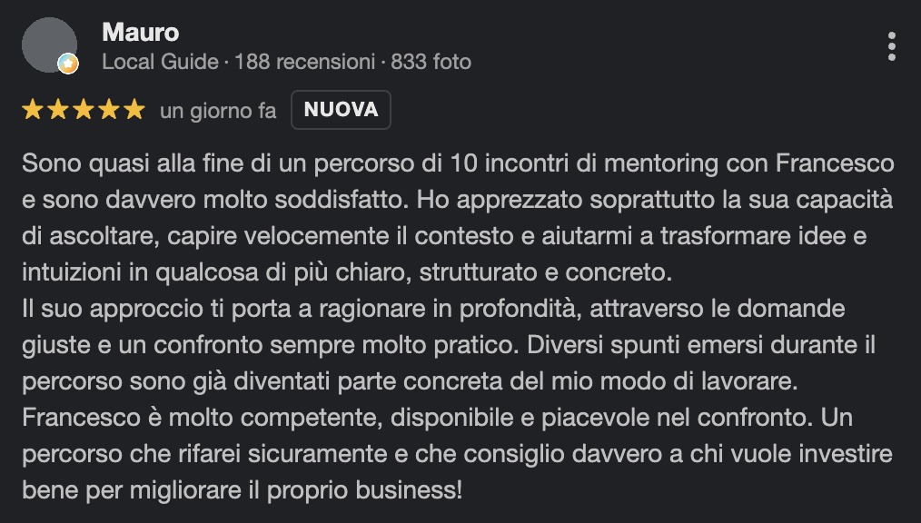 Recensione Google di Mauro, cliente affiancamento